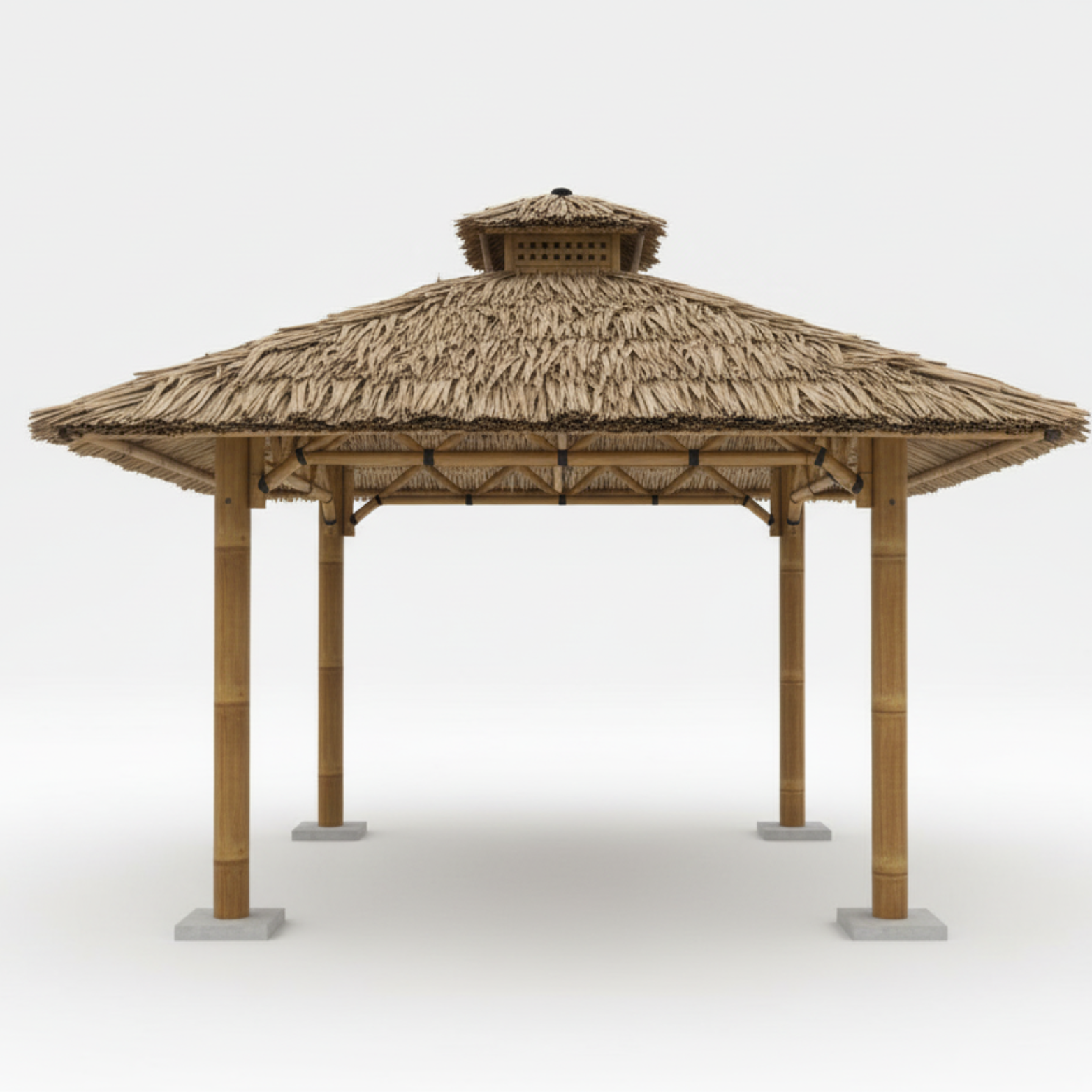 Abri en bambou avec toiture en palmier arumbia, structure ouverte et espace extérieur ombragé naturellement