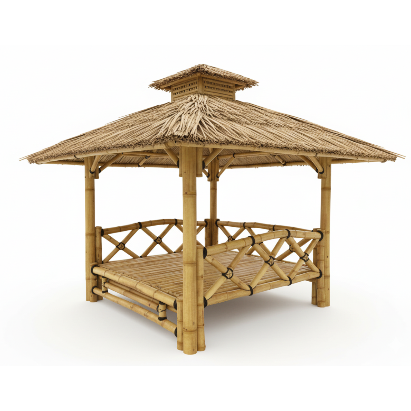 Gazebo bambou haut de gamme avec plateforme de repos, charpente traditionnelle et finitions naturelles pour jardin