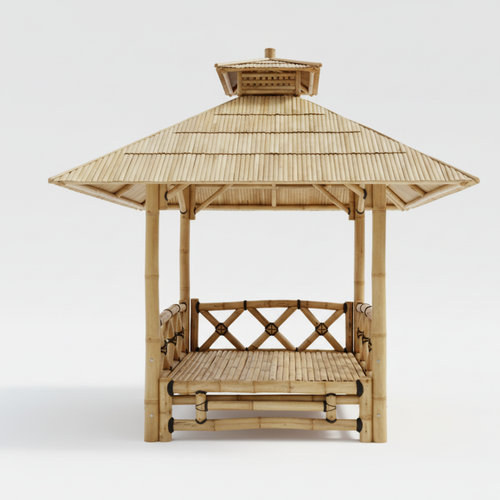 Gazebo bambou traditionnel inspiré de Bali avec plateforme surélevée, toiture étanche et circulation d’air naturelle intégrée