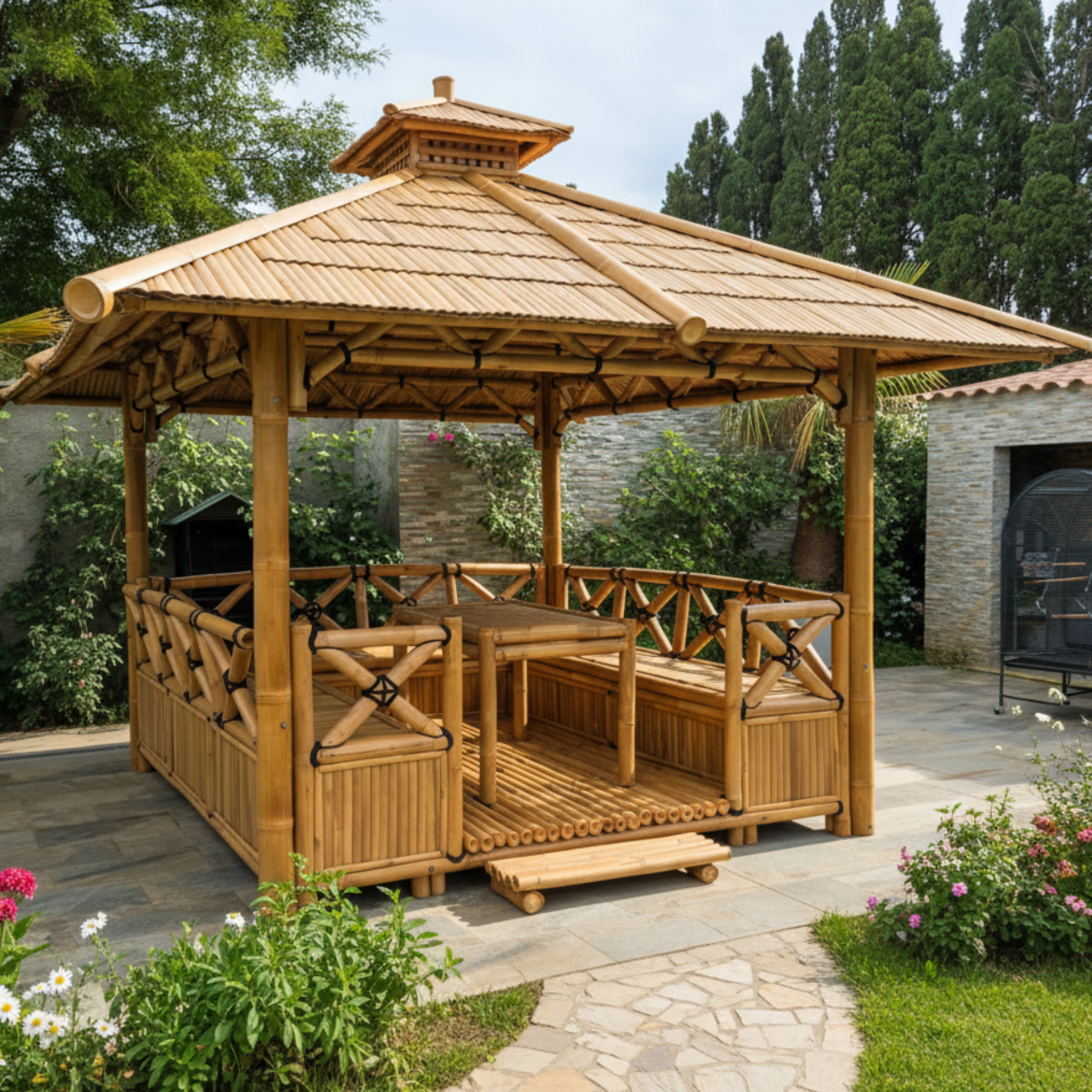 Bambus-Paillote mit Sitzbänken M1 | Gazebo & Pergola